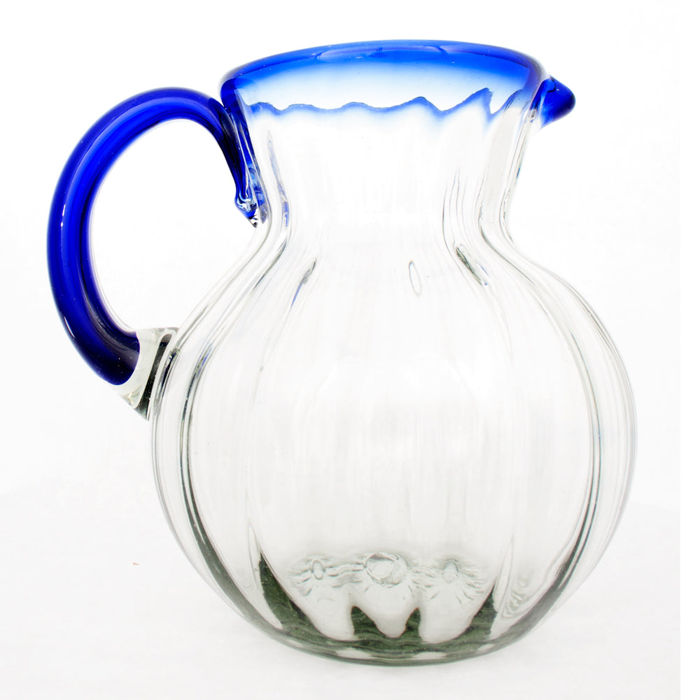 Clear ribbed round jug with blue rim