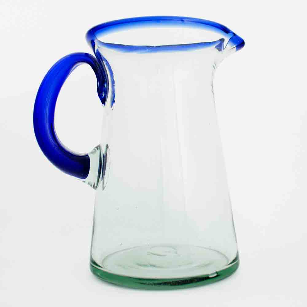 Clear lechero jug with a blue rim