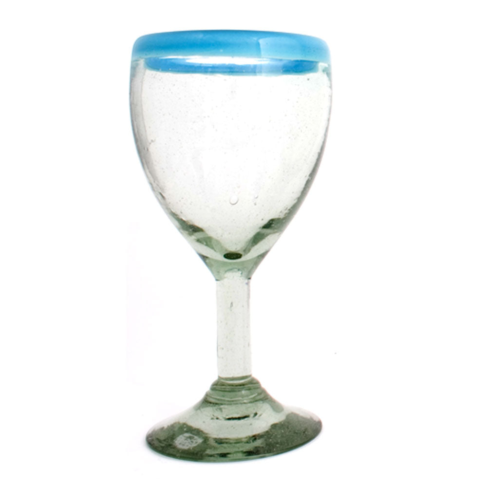 Clear with a turquoise rim wine glass