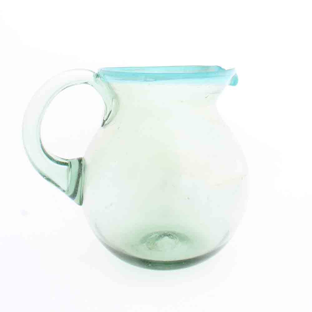 Clear with a turquoise rim round jug