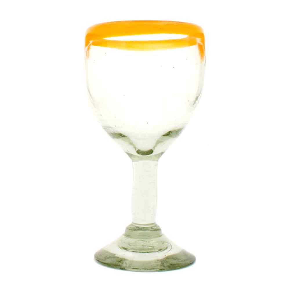 Clear with a yellow rim wine glass