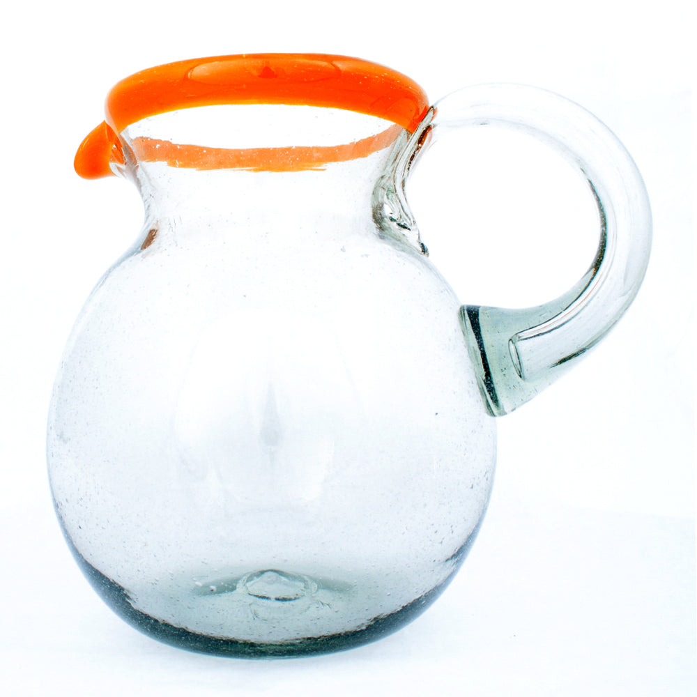 Clear with an orange rim round jug