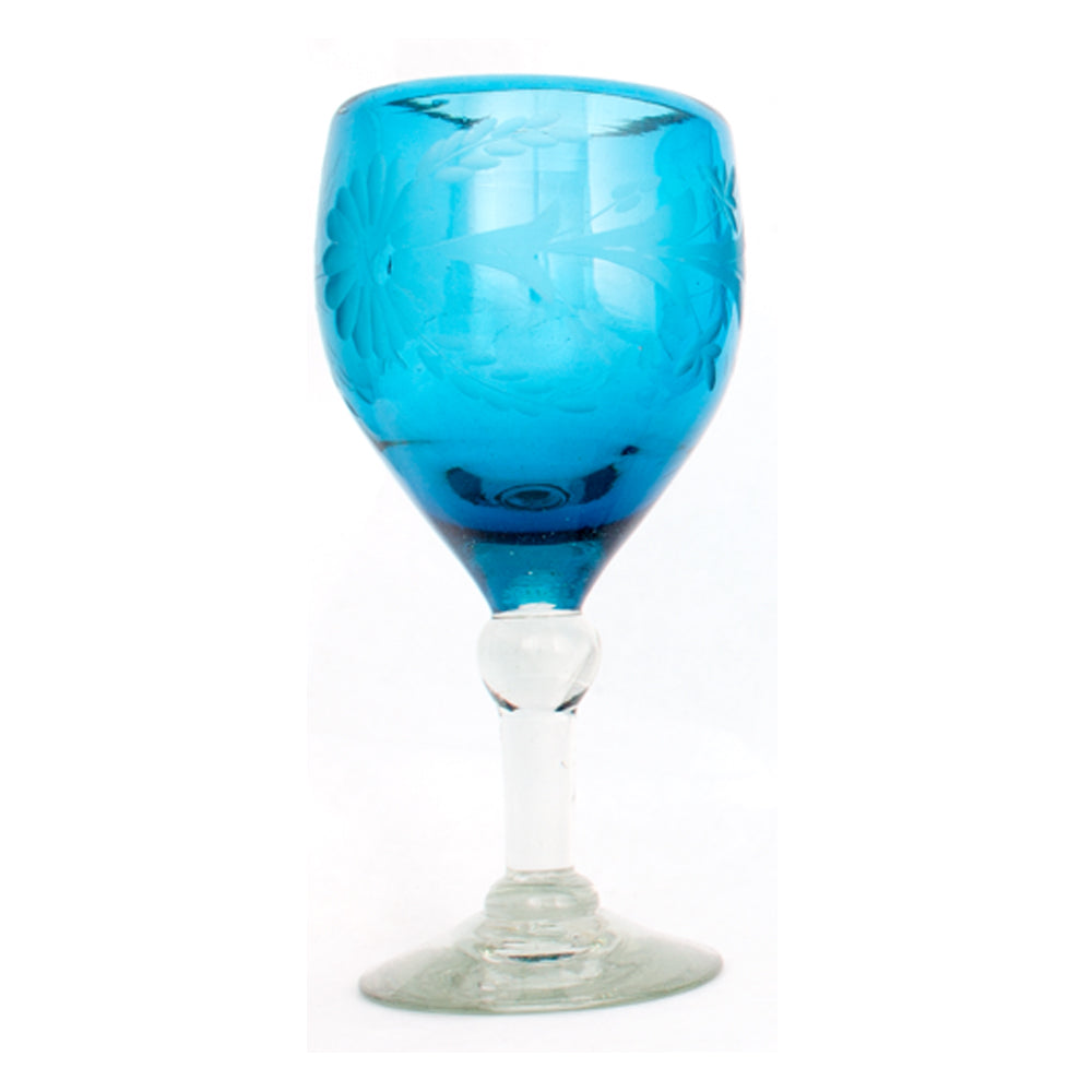 Engraved turquoise wine glass